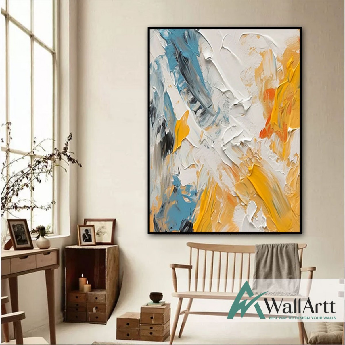Abstract Yellow Blue 3d Heavy Textured Partial Oil Painting